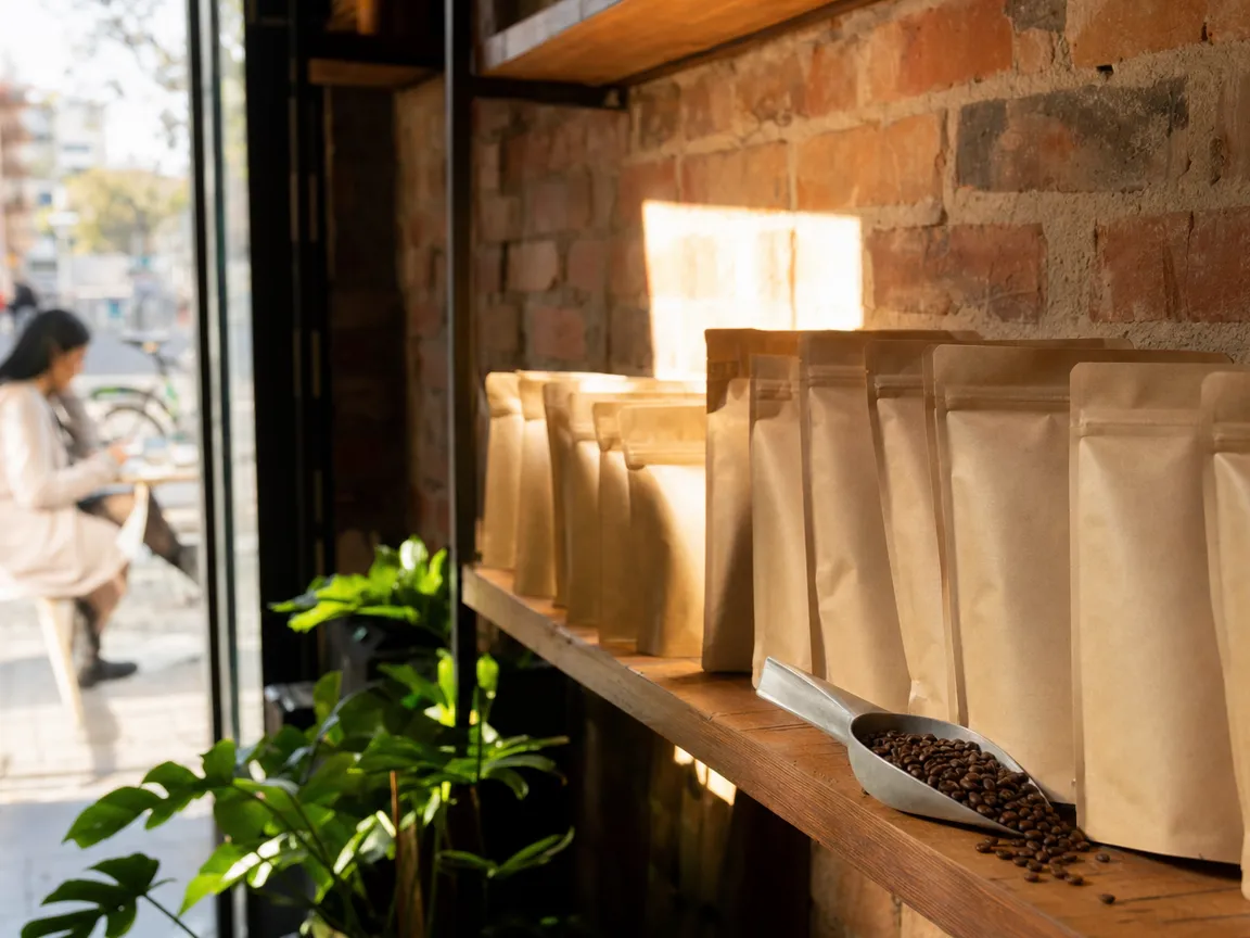 Bags of house-roasted beans on a wooden shelf