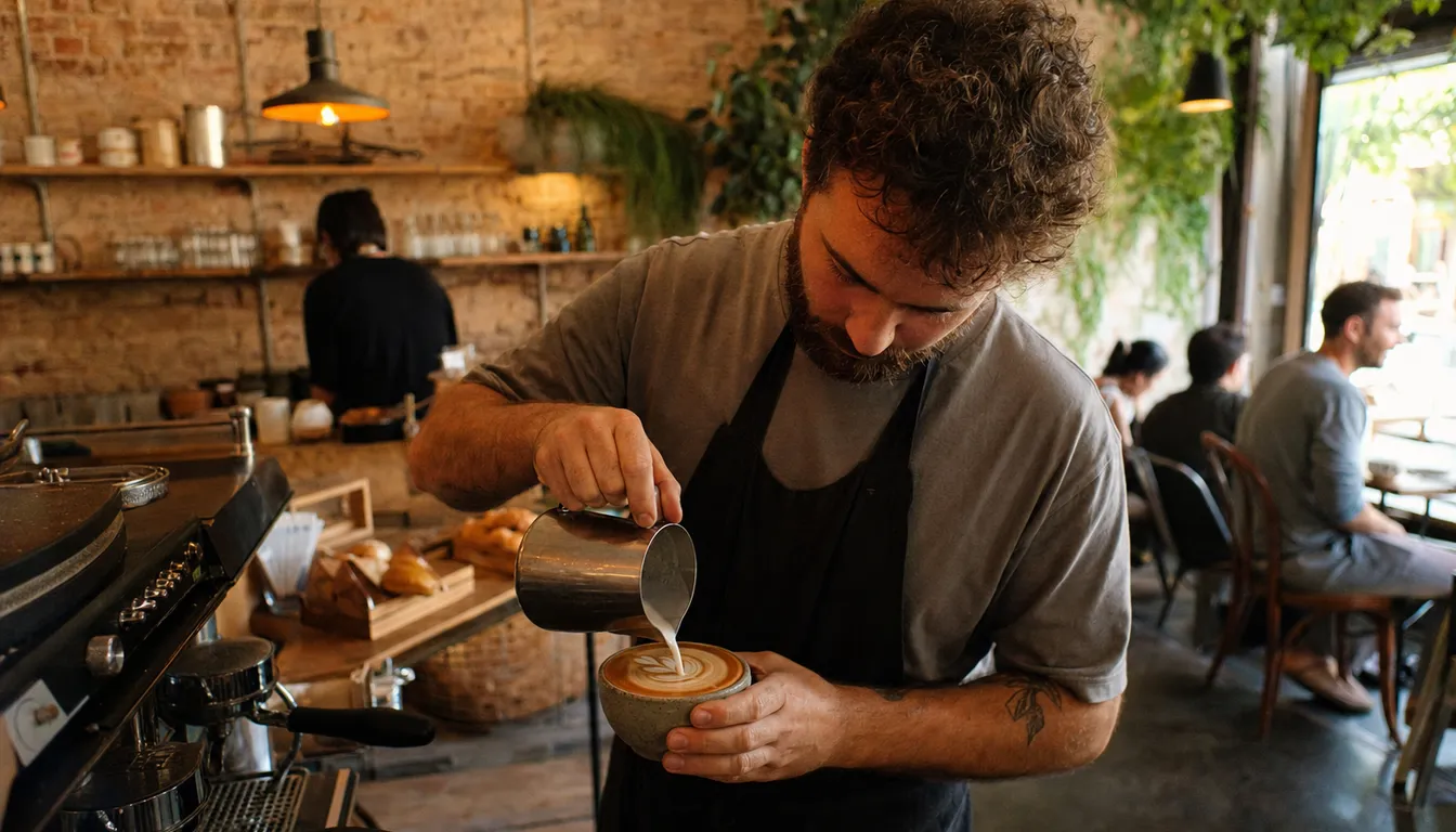 Barista pouring latte art at the bar of Ember & Oak