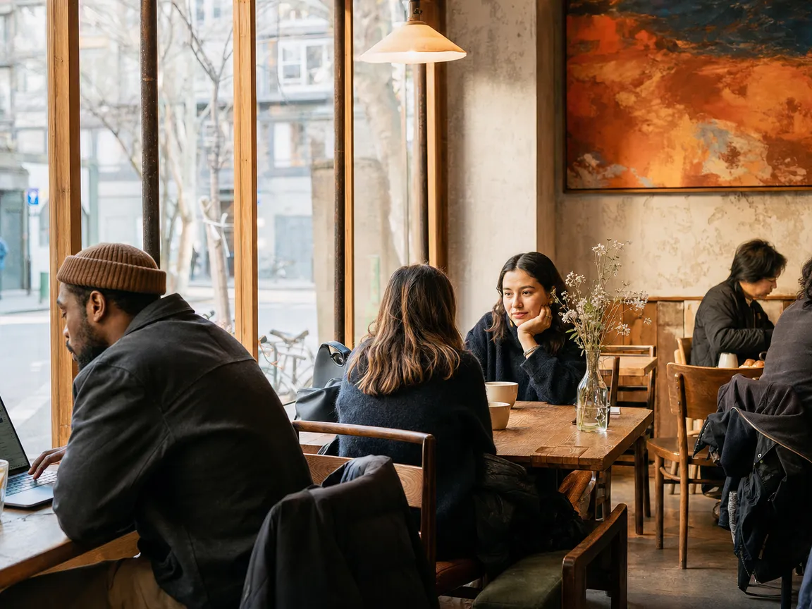 Customers chatting at the tables by the window