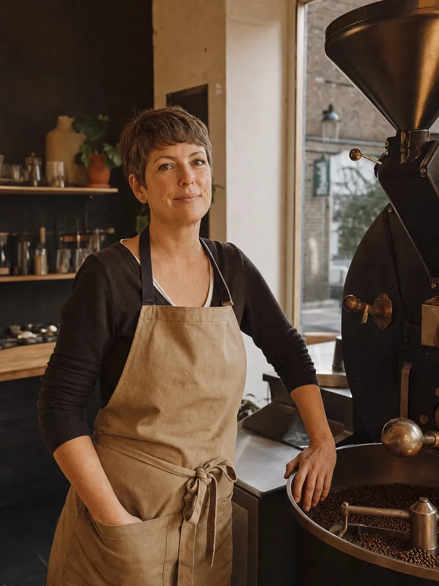 Hannah, the owner, next to the coffee roaster