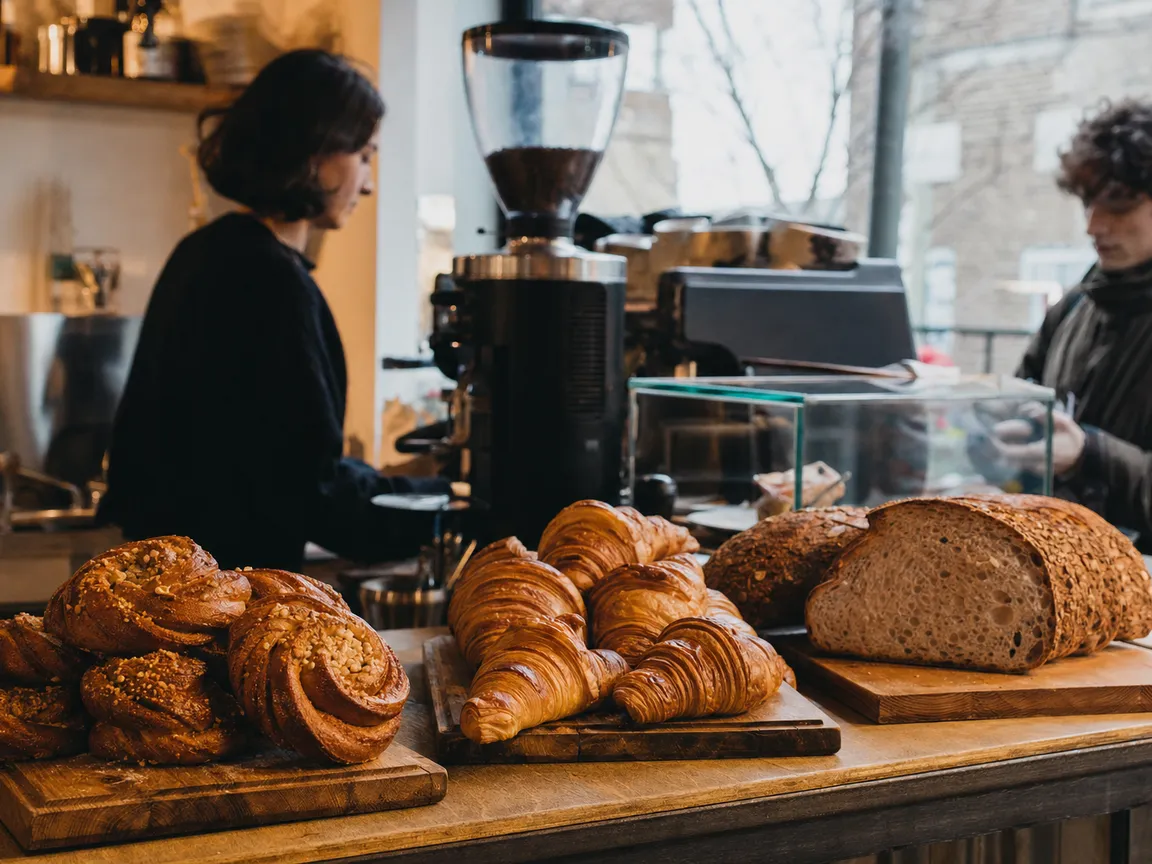 Cardamom buns, croissants and sourdough on the counter