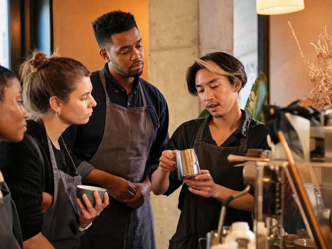 A small group learning to pour latte art with the trainer